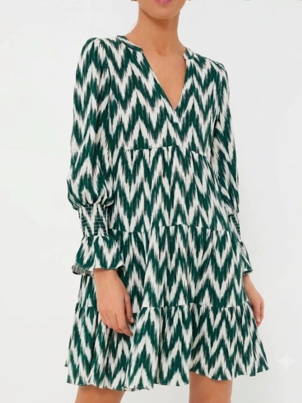 Pomander Place Green and White Ikat V-Neck Tiered Dress XL